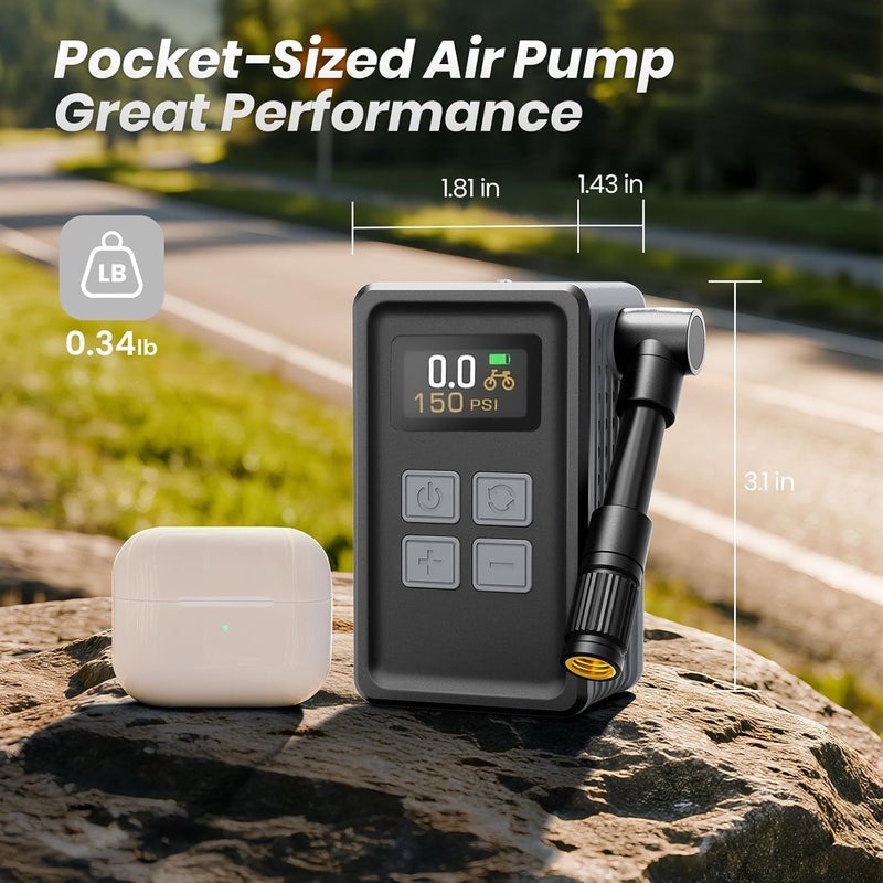 TOOLBOOX Mini Bicycle Pump with Gauge, Max 150PSI Electric Bike Pump with Presta & Schrader Valve, 4X Faster, Auto Stop, Brushless Motor, Upgraded Portable Bike Tire Pump for E-Bike, MTB, Road Bike, Ball, etc - Image 3